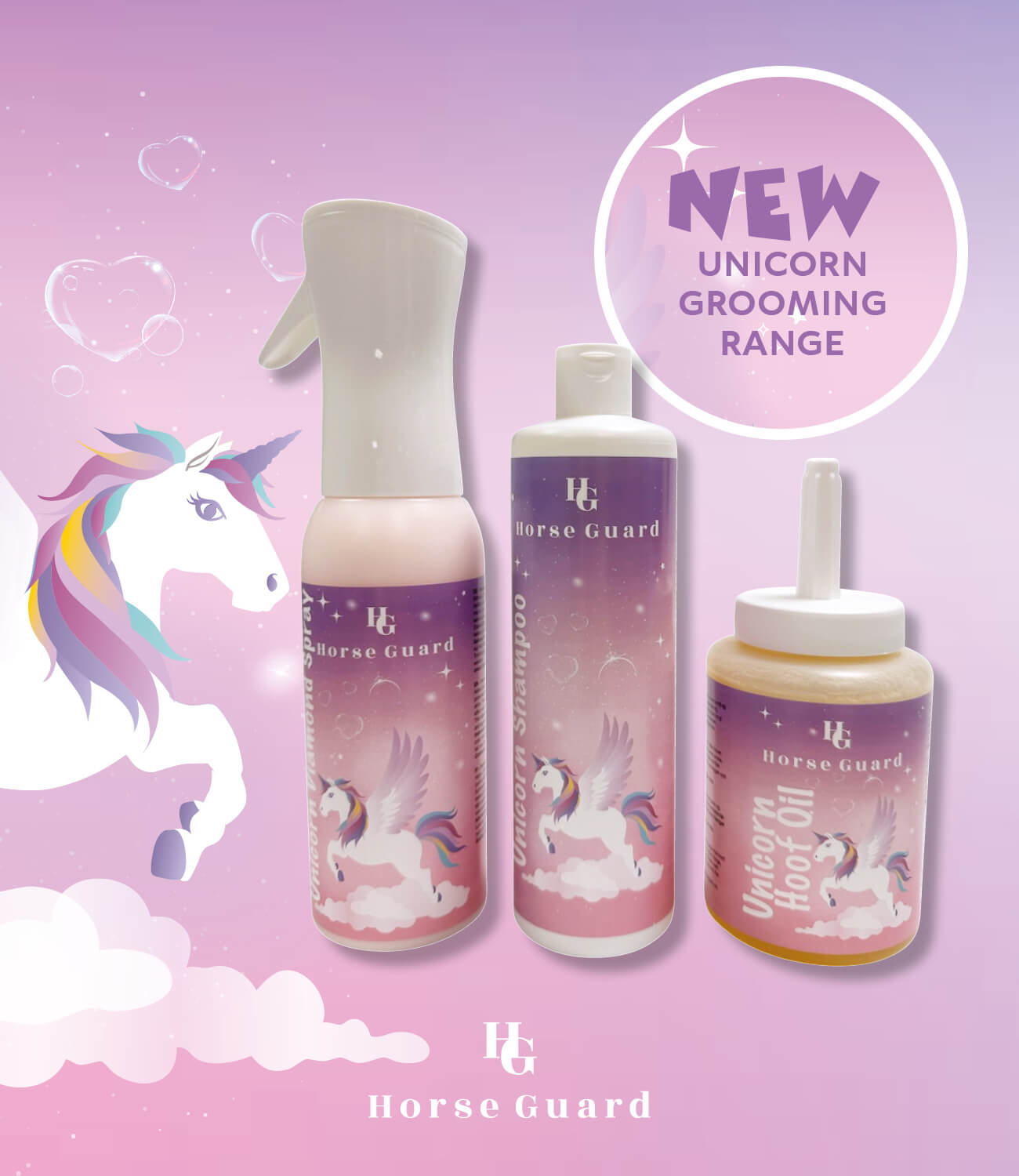 Horse Guard Unicorn Grooming Range products on a pink background with a unicorn illustration.