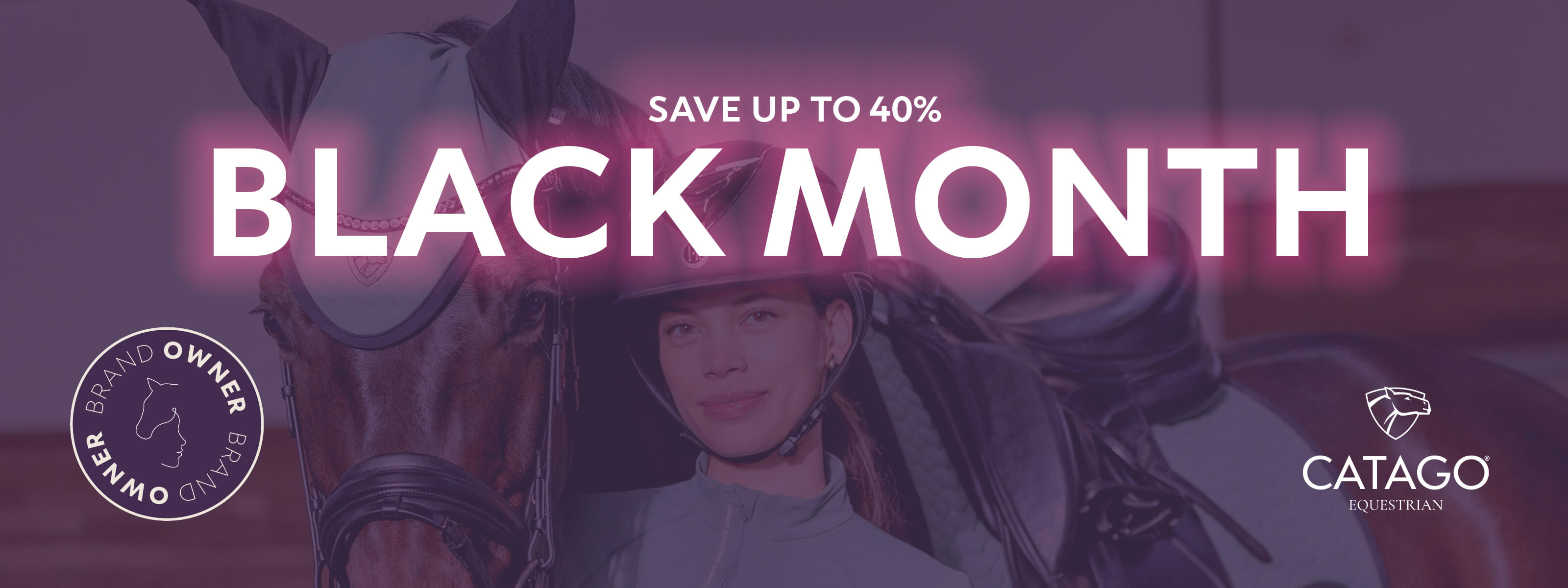 Promotional banner for 'Black Month' sale with a person on horseback and branding elements.