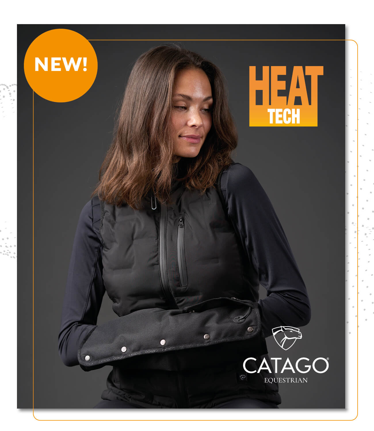 Woman wearing a black jacket with 'HEAT TECH' and 'CATAGO' branding on a dark background.