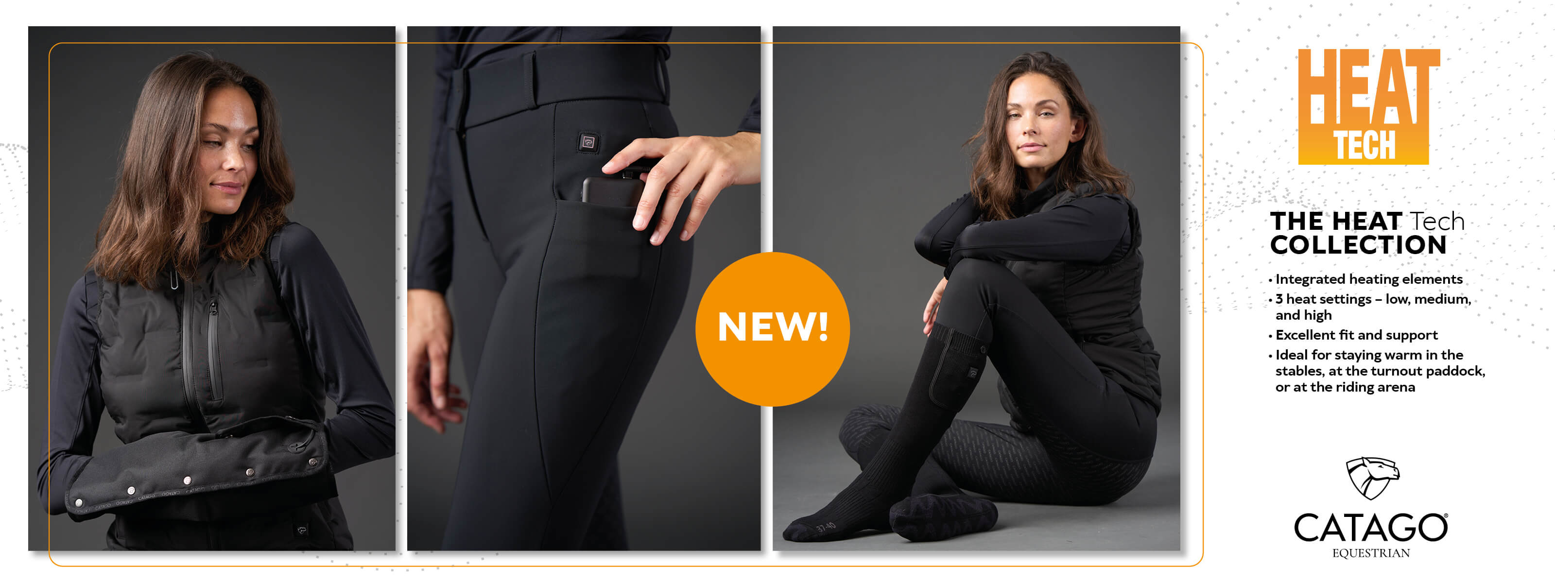 Catago Heat Tech collection advertisement with a woman wearing black equestrian attire.