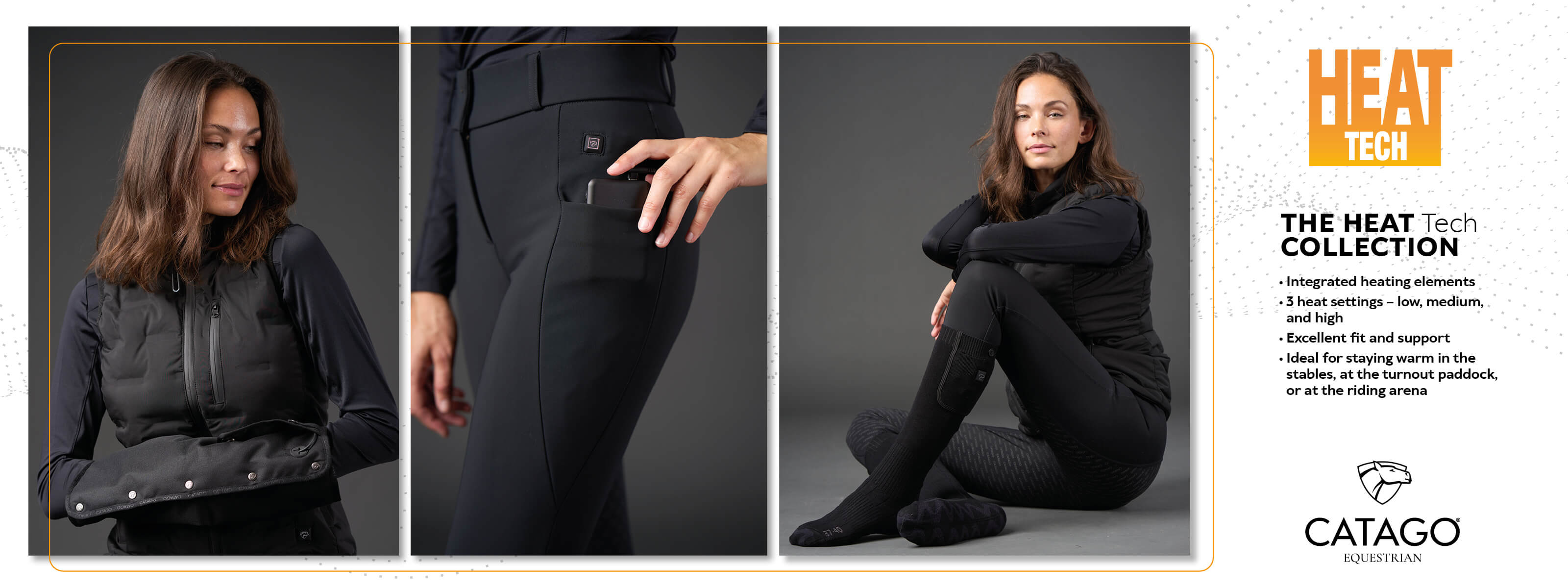 Catago Heat Tech collection advertisement featuring a woman wearing black heating elements.