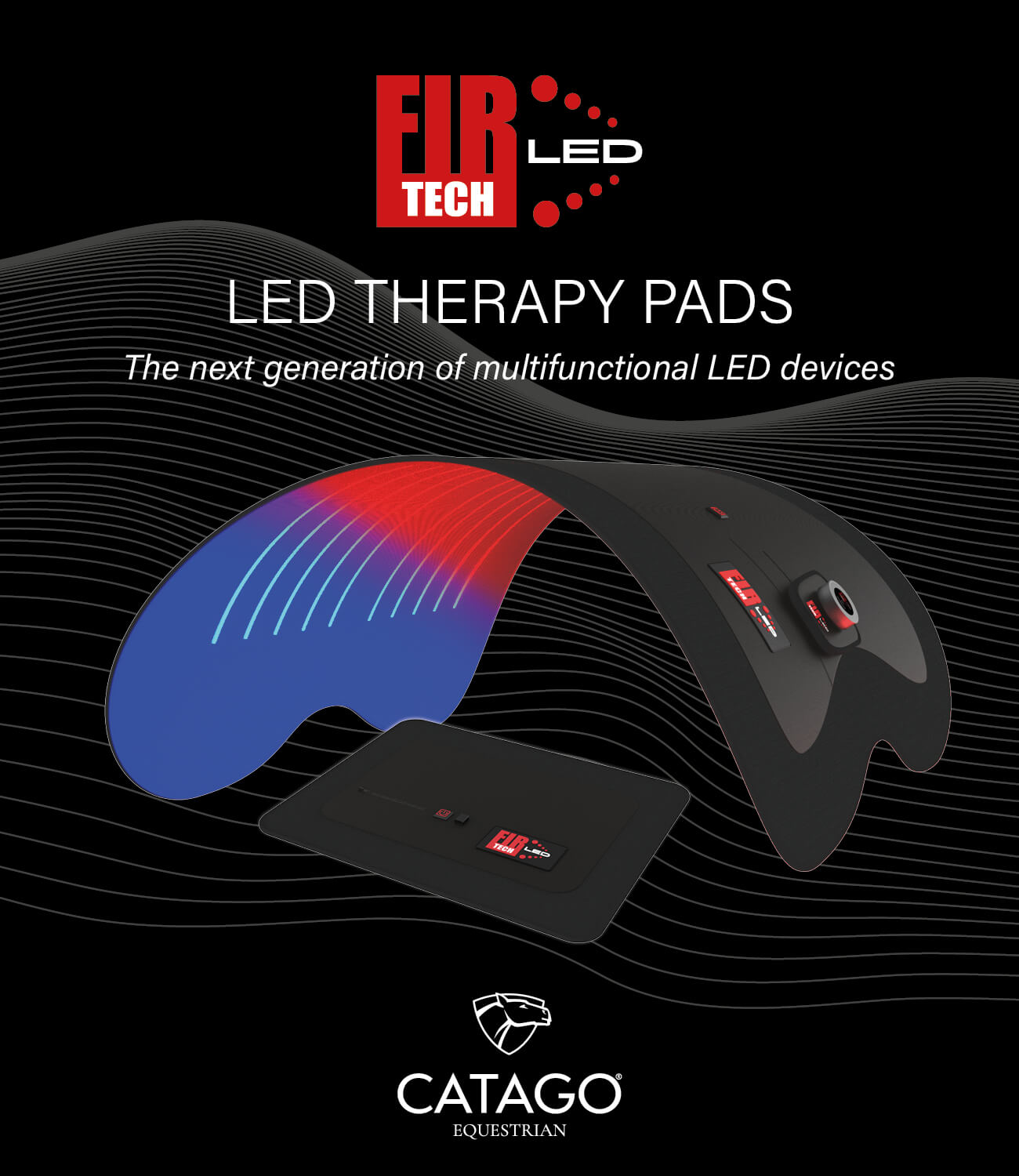 LED therapy pads with FIR TECH and Catago branding on a black background