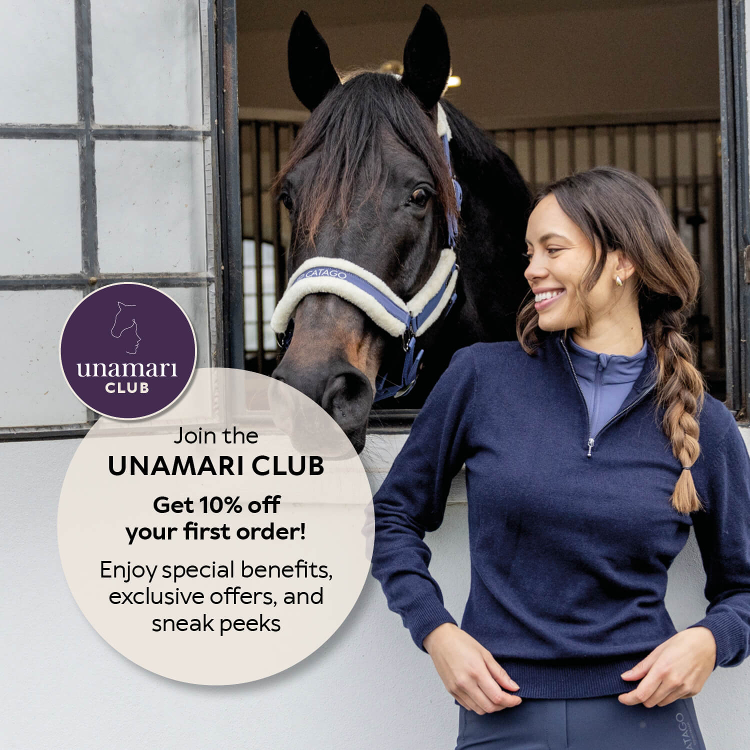 Woman in equestrian attire standing next to a horse, with UNAMARI CLUB promotional text overlay.