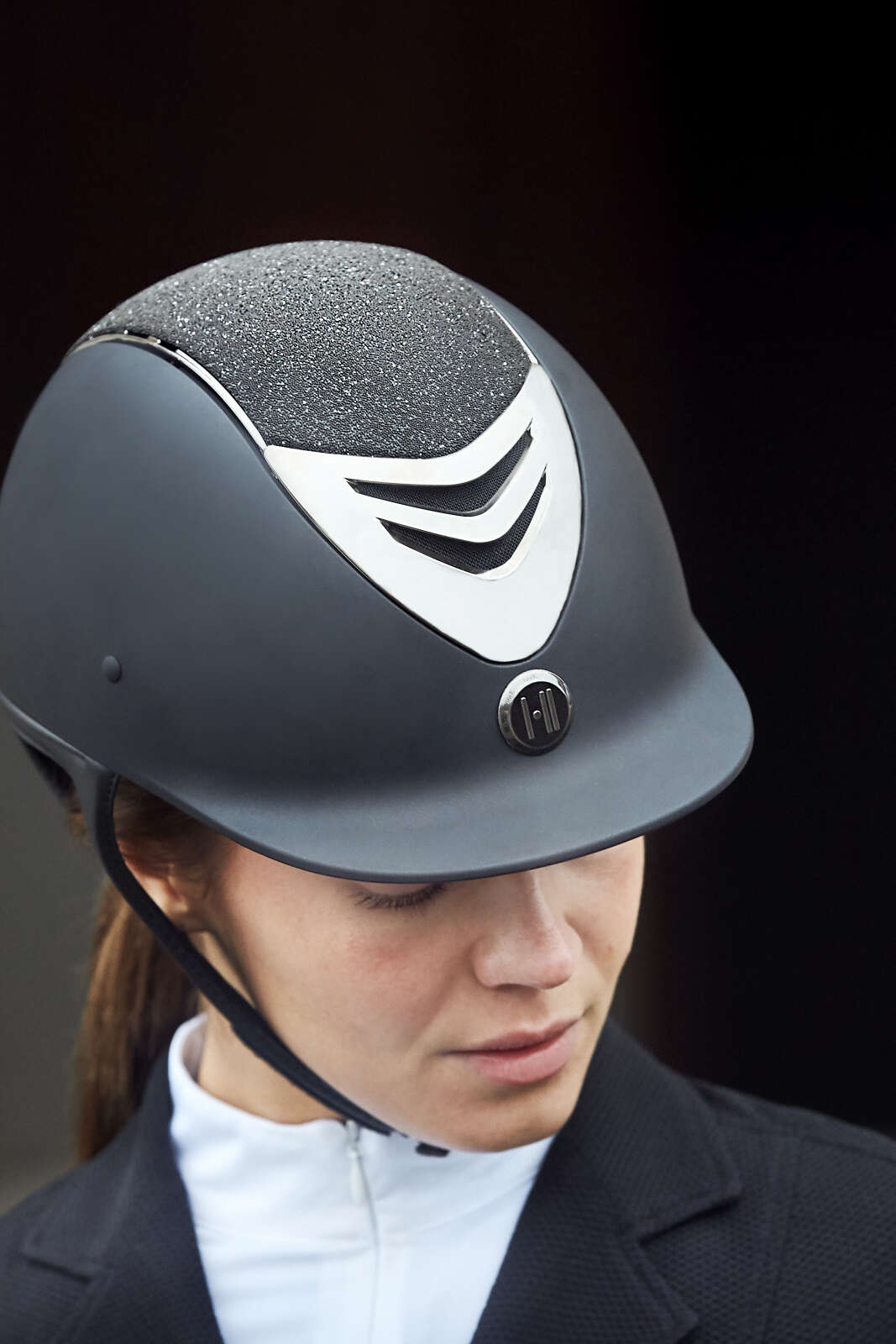 One K Defender Pro riding helmet - glitter top, chrome pipe