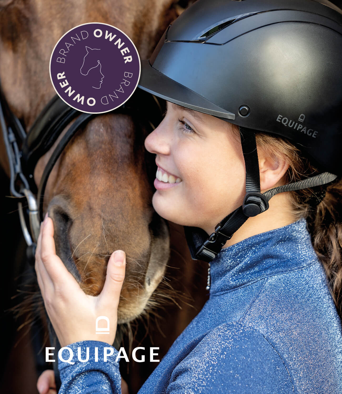 Person wearing an Equipage helmet and interacting with a horse, with Equipage branding.
