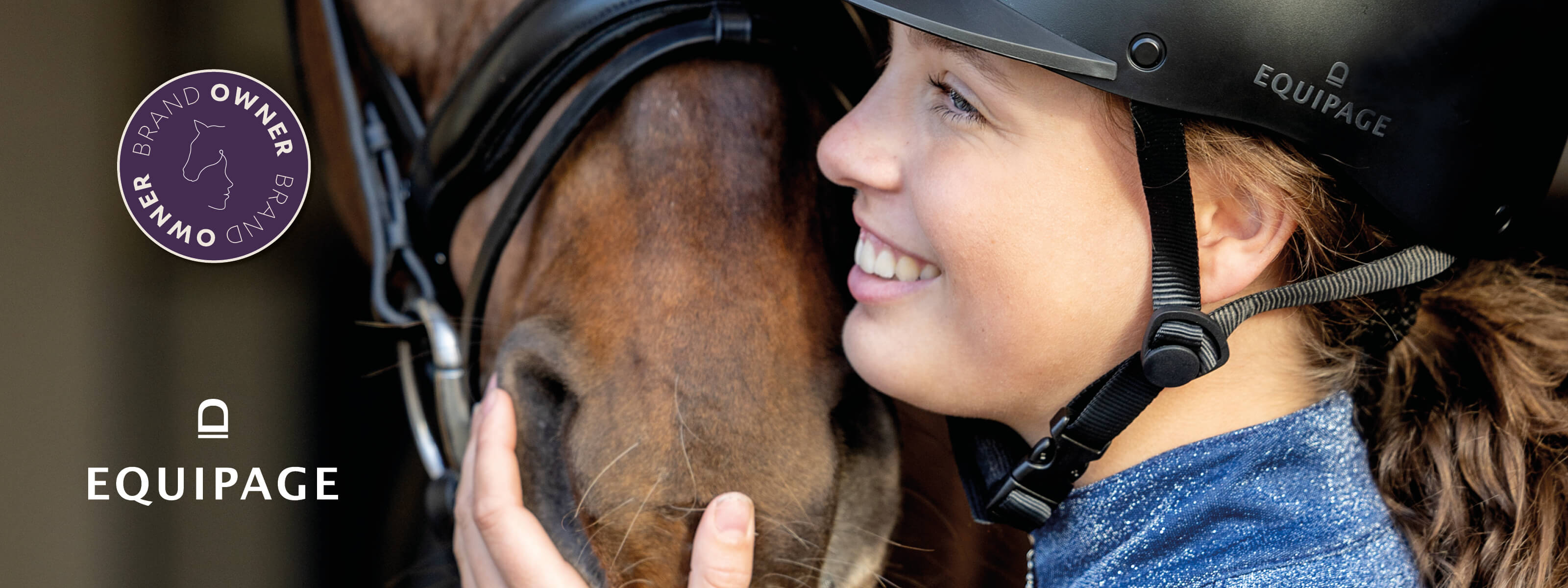 Young girl in a helmet with a horse, both wearing Equipe gear, with a visible brand logo.