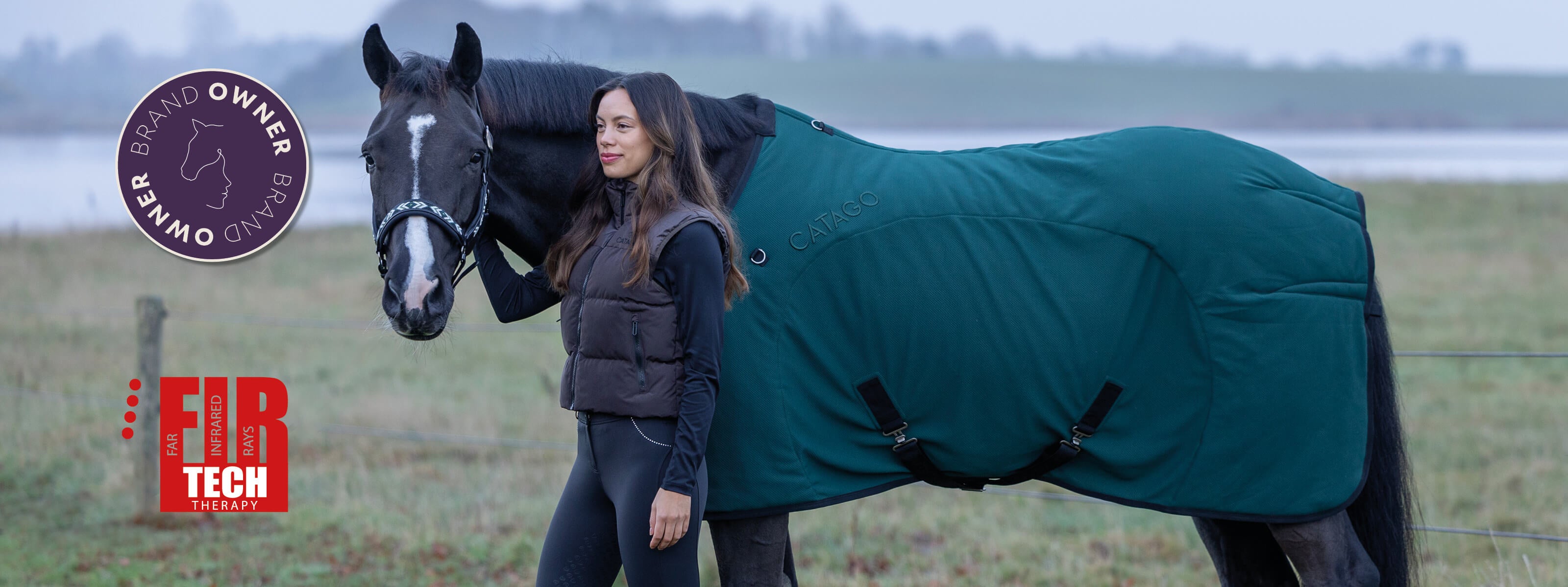 Woman standing next to a horse wearing a green rug in an outdoor setting with Catago FIR-tech logos.
