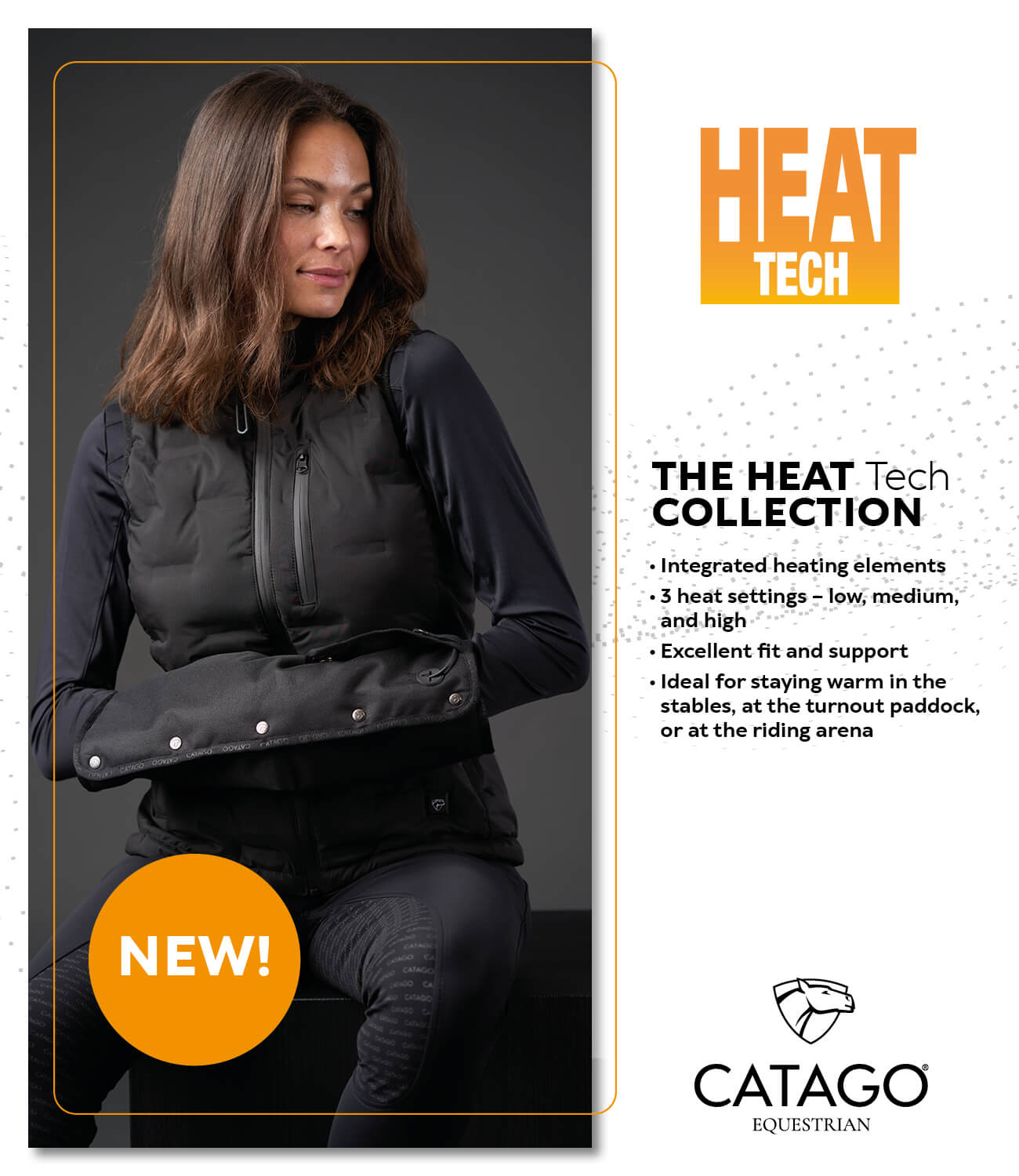 Woman wearing a black equestrian jacket with 'Heat Tech' features, sitting on a dark surface. 'Catago Equestrian' branding is visible.