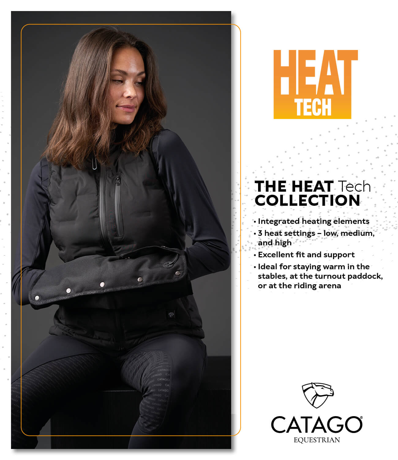 Woman wearing a black equestrian vest with 'Heat Tech' features, sitting on a dark surface.