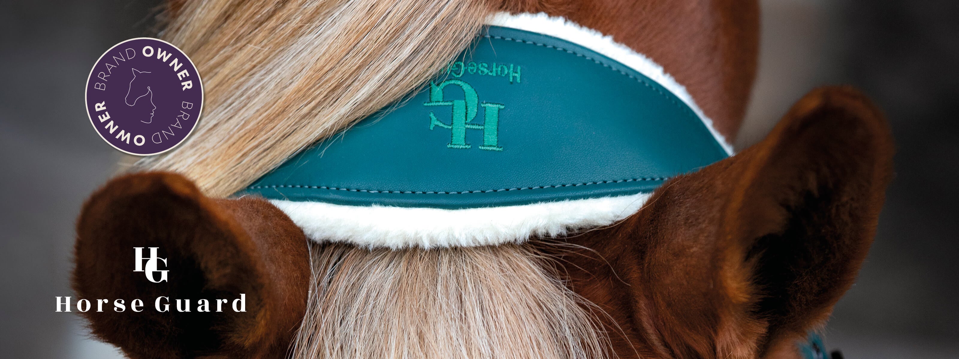 Horse ear with a teal ear guard and 'Horse Guard' branding.
