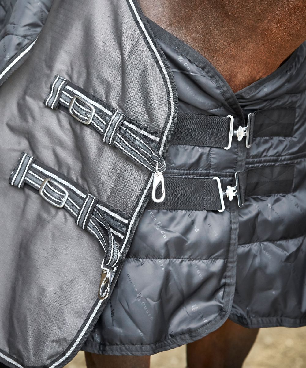Close-up of a horse wearing a gray quilted blanket with straps.