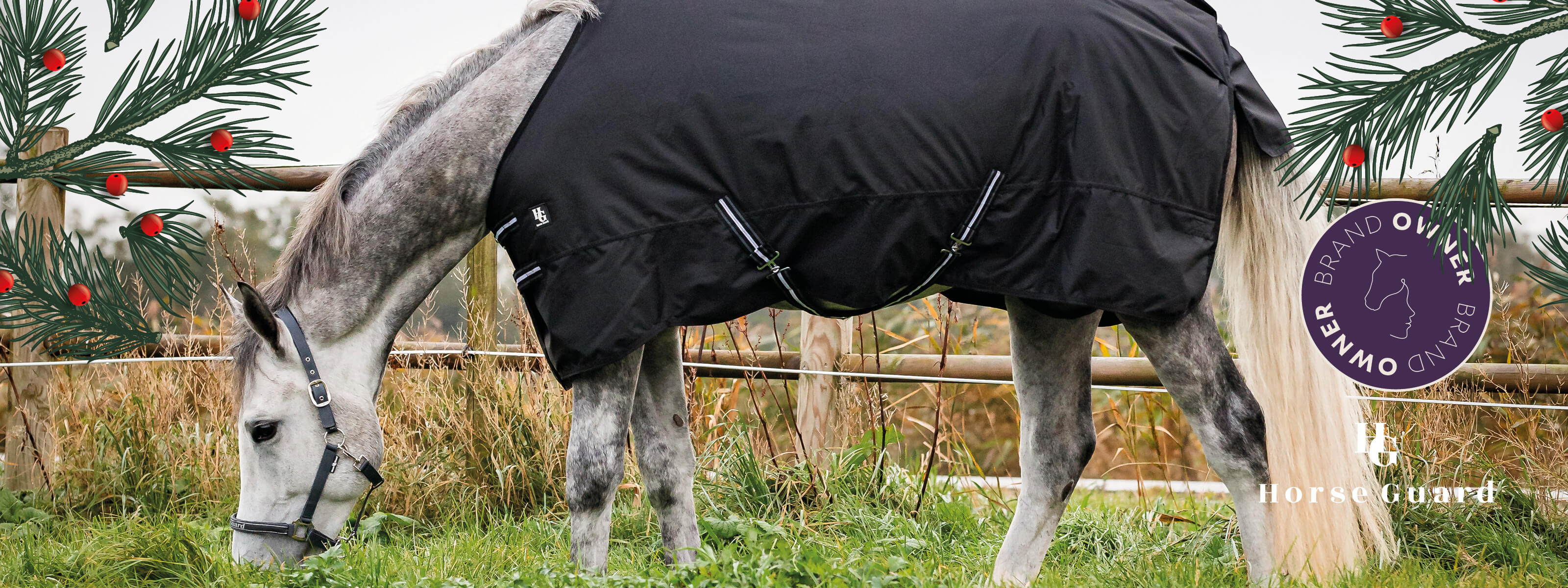 Horse wearing a black rug in a grassy field with a brand logo in the corner.