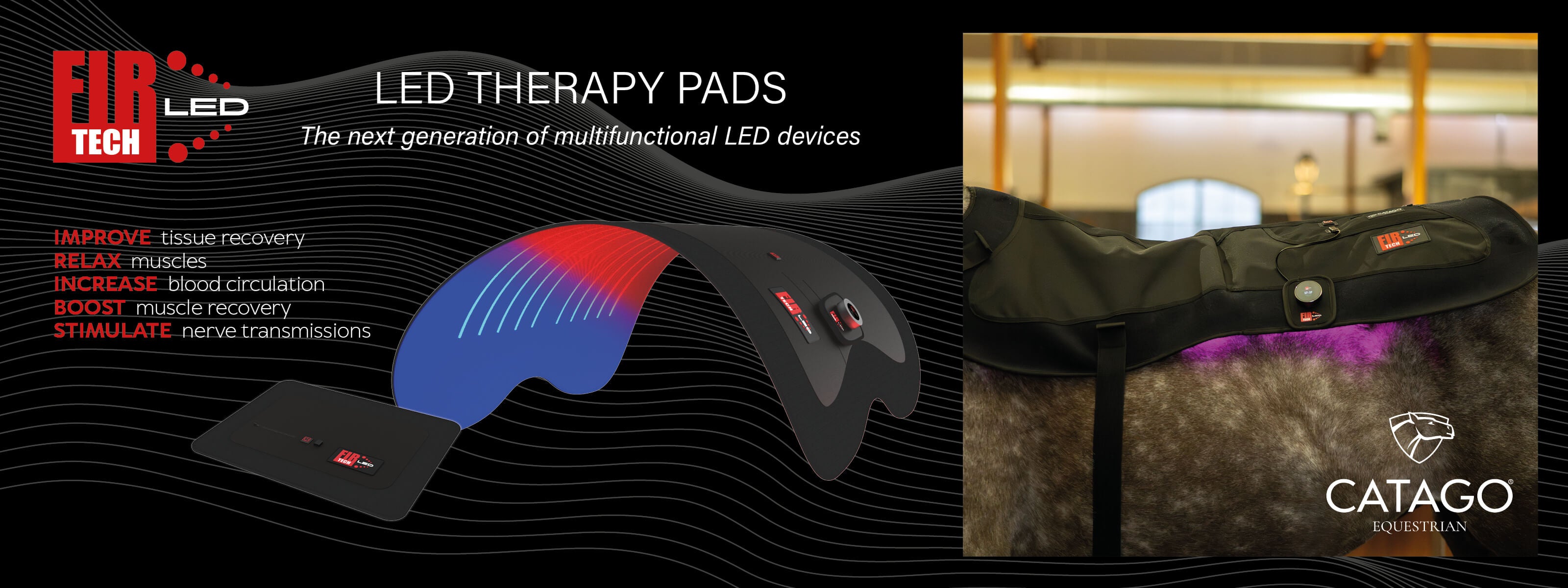 LED therapy pads with text and Catago logo on a dark background