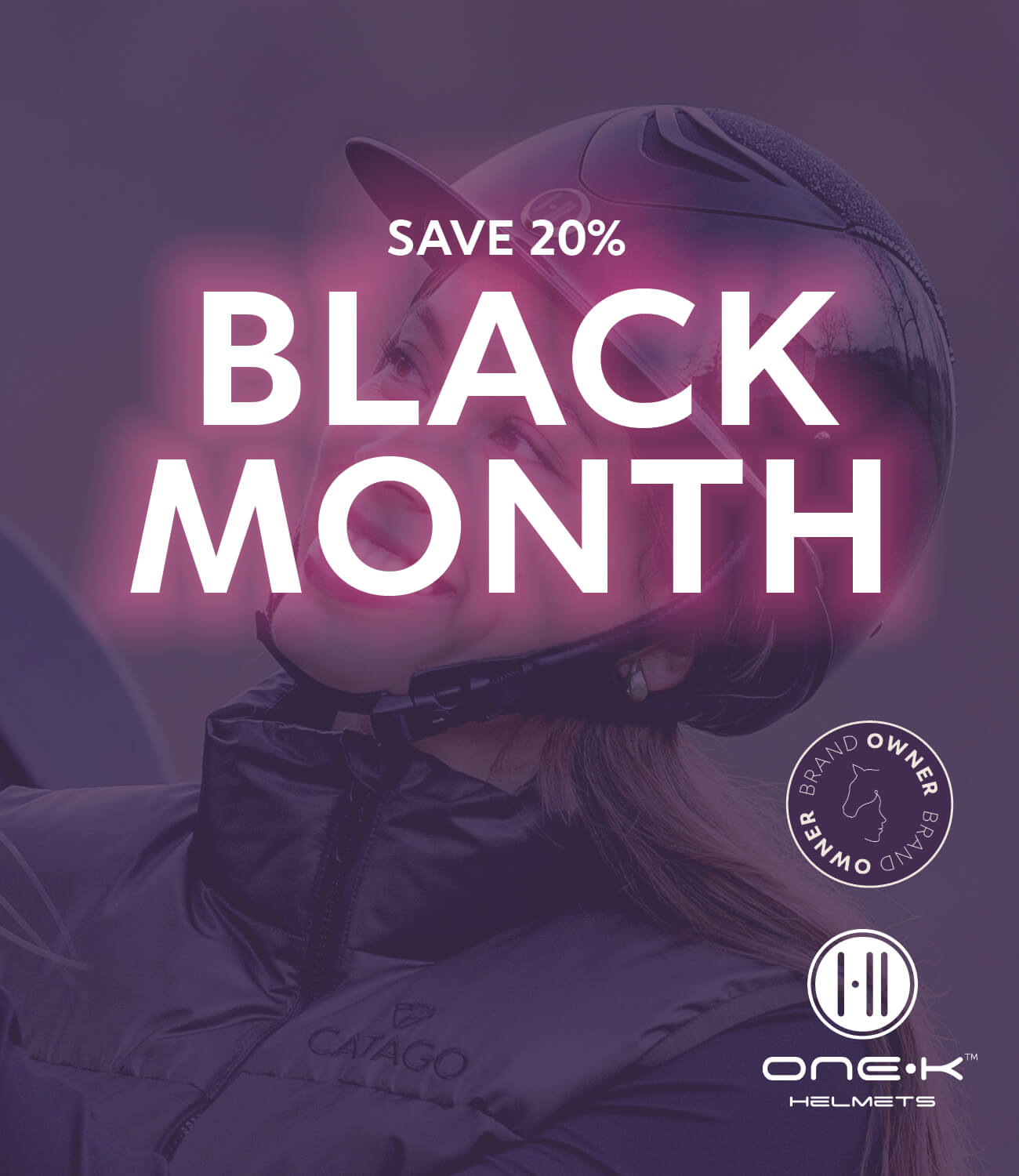 Promotional graphic for 'Black Month' sale with a person wearing a helmet and text overlay on a dark background.