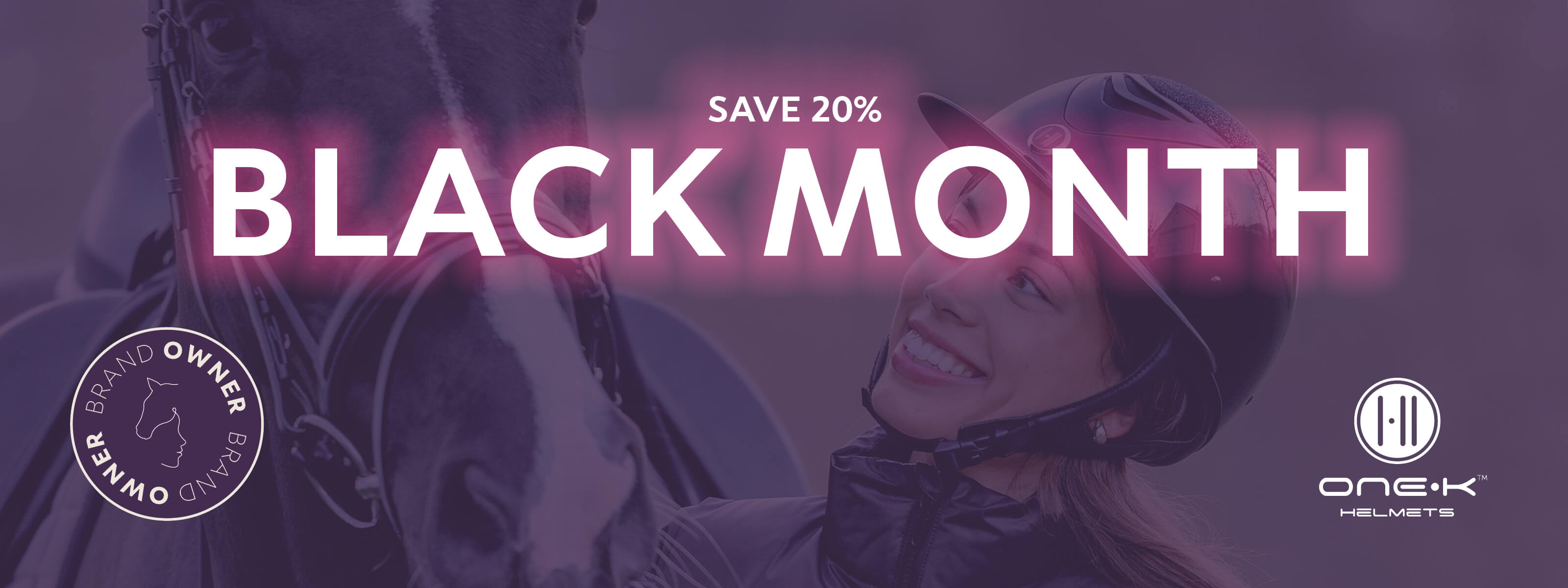 Promotional banner for 'Black Month' sale with a person and horse, featuring One K branding.