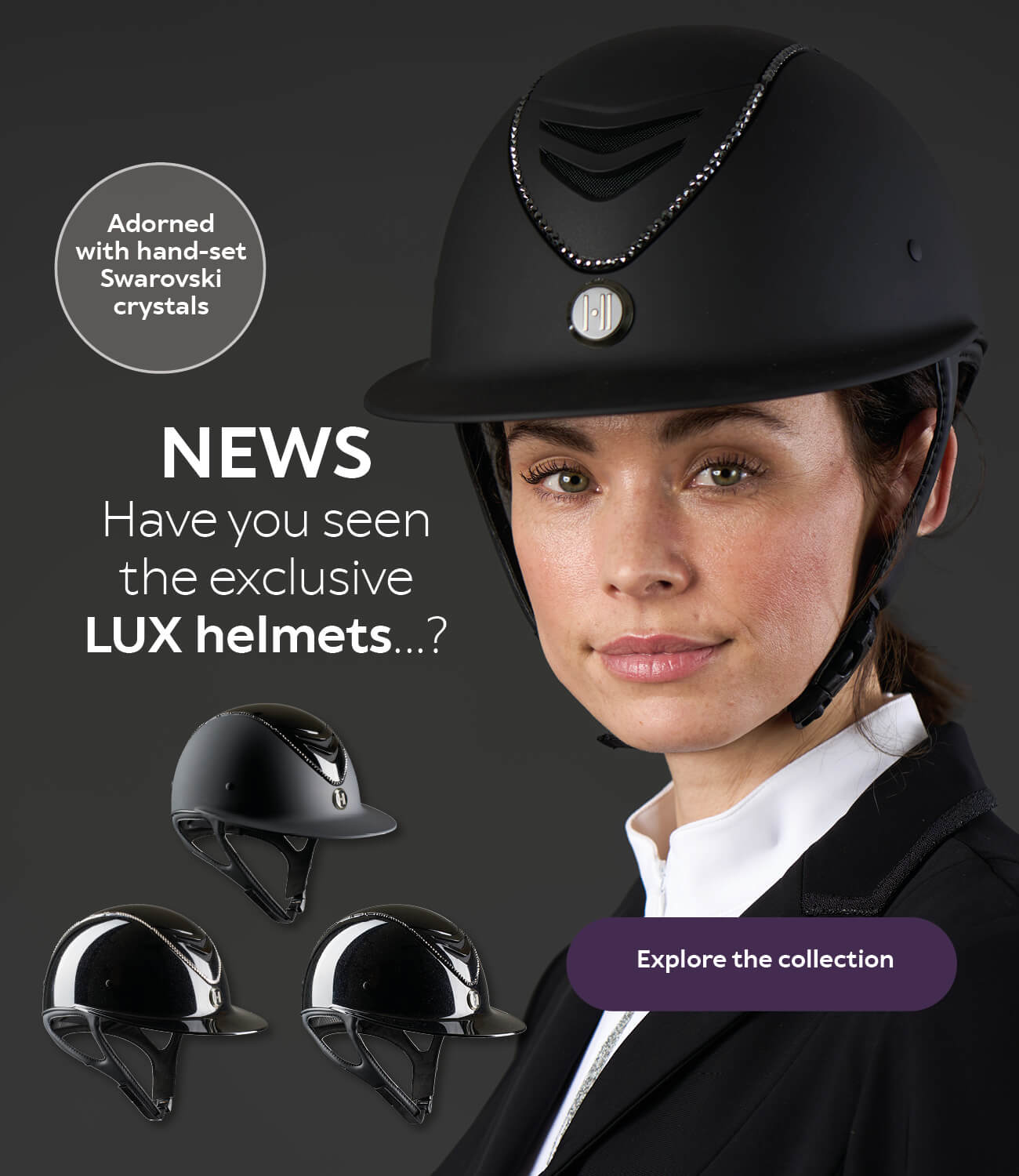 Woman wearing a black one k avancé lux riding helmet with Swarovski crystals, surrounded by promotional text and images of helmets.